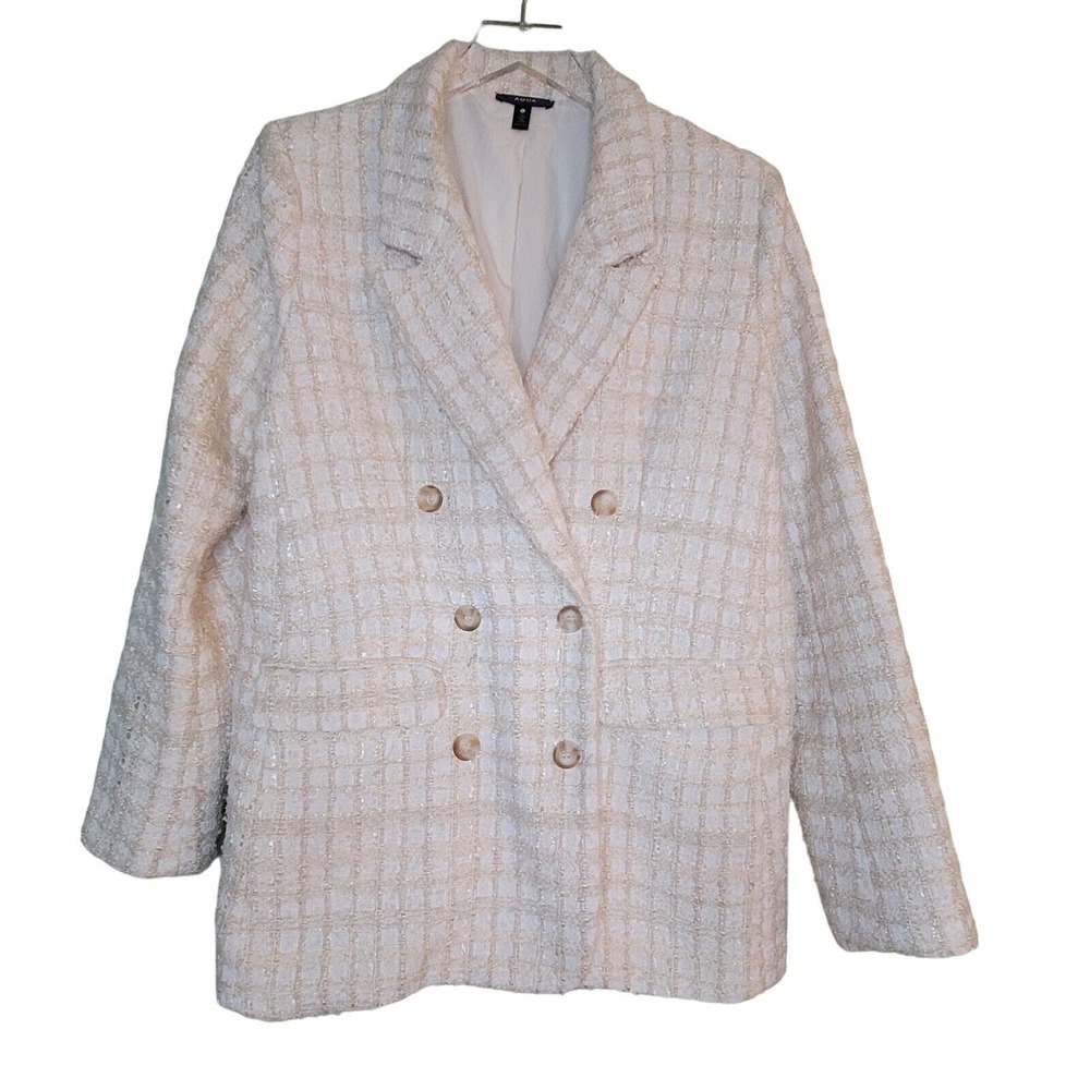 Aqua Tweed Blazer Jacket XL‎ Beige Cream Double Breast Pockets Old Money Preppy